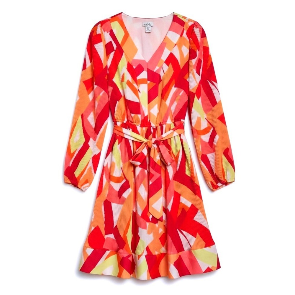Nicole Miller Abstract Geometric Print Tie Waist Mod Party Mini Dress Size M